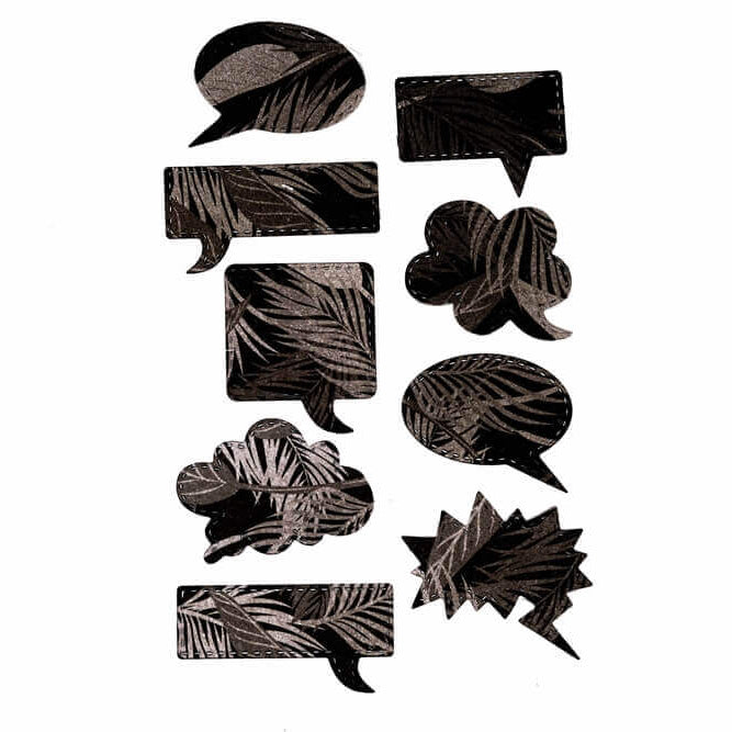 Das Stanzschablone Set mit neun Sprechblasen von Stanzenshop.de bietet schwarze und graue Sprechblasen-Icons mit Blattmustern auf Weiß - ideal für Bastel- und Kreativprojekte.
