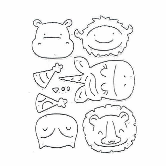 Umrisszeichnungen von Nilpferd-, Einhorn-, Löwen-, Eulen- und Bisongesichtern sowie Partyhüten auf Weiß. Ideal zum Basteln oder als Stanzschablonen Tiere im Scrapbooking-Stanzschablonen-Set mit verschiedenen Tieren von Stanzenshop.de.