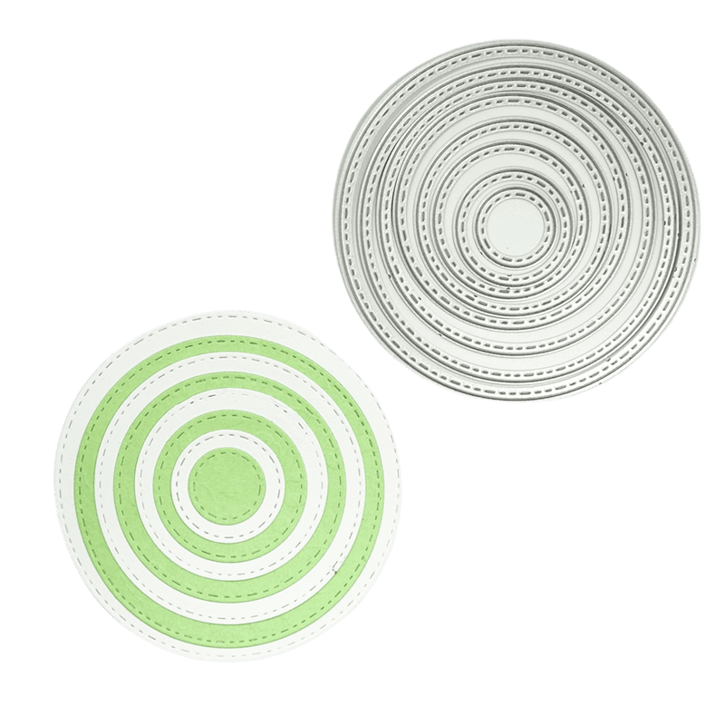 Die Stanzenshop.de Stanzschablone "Sieben Kreise mit gestricktem Rahmen" zeigt zwei kreisförmige Motive - grün/weiß und schwarz/weiß - auf weißem Hintergrund. Perfekt zum Basteln oder Scrapbooking als einzigartiges Motiv.
