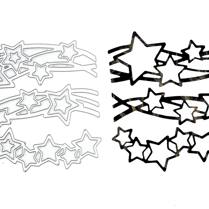 Drei Sets der "Stanzschablone: Sterne auf zwei Wellen" von Stanzenshop.de auf der linken Seite, mit drei passenden schwarzen Ausschnitten auf der rechten Seite, alle auf weißem Hintergrund - ideal für Weihnachtsbasteleien.