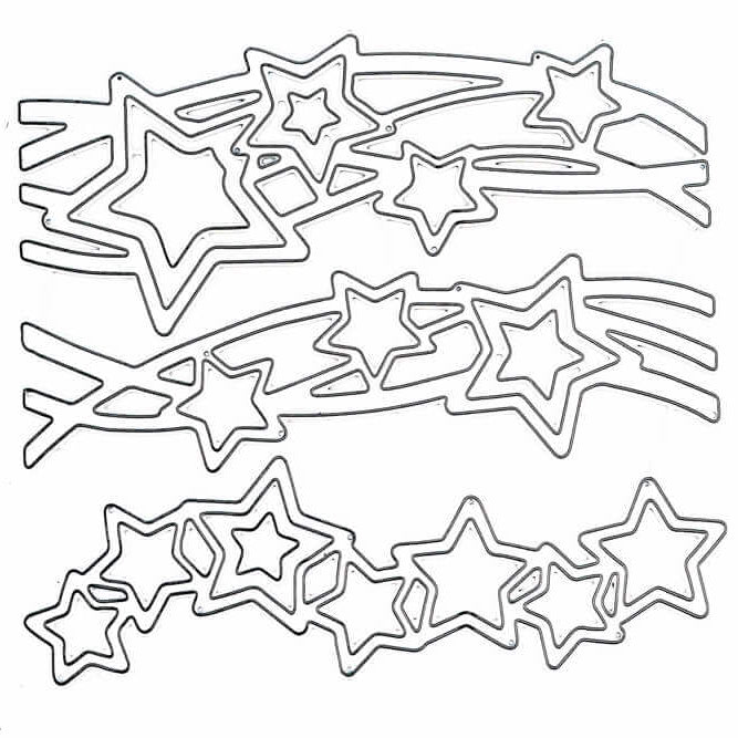 Die metallische Stanzschablone: Sterne auf zwei Wellen von Stanzenshop.de zeigt fünfzackige Sterne und geschwungene Linien in dekorativen, sich überlagernden Mustern - ideal zum Basteln und für kreative Weihnachts-Projekte.
