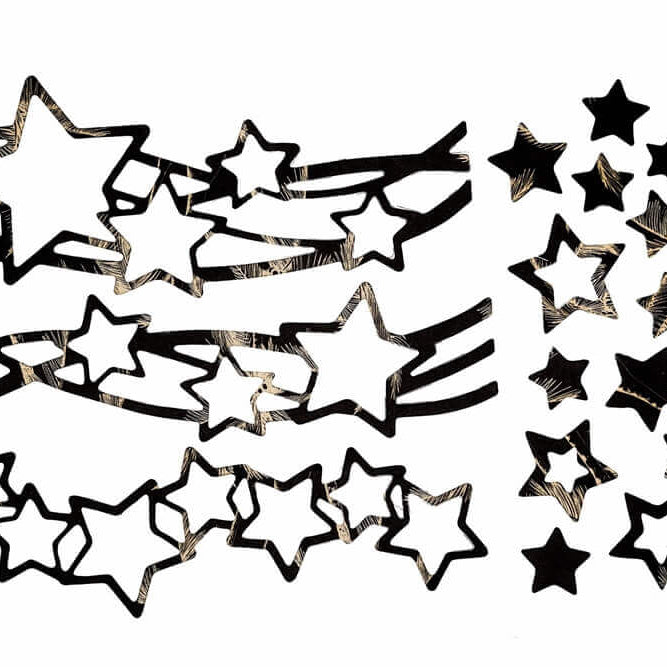 Die Stanzschablone: Sterne auf zwei Wellen von Stanzenshop.de zeigt auf der linken Seite schwarze Sternumrisse und Linien, auf der rechten Seite einfarbige schwarze Sterne - ideal für Basteln oder Weihnachtsbasteln, alles auf weißem Hintergrund.