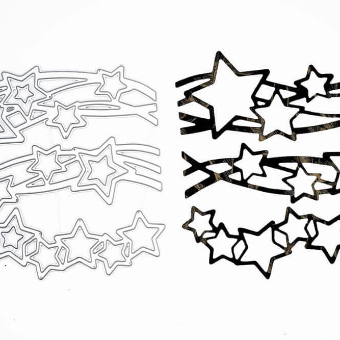 Die Stanzschablone "Sterne auf zwei Wellen" von Stanzenshop.de zeigt Metall- und Papierschablonen mit Sternen und geschwungenen Linien - perfekt für Weihnachtsbasteln - nebeneinander auf weißem Hintergrund.