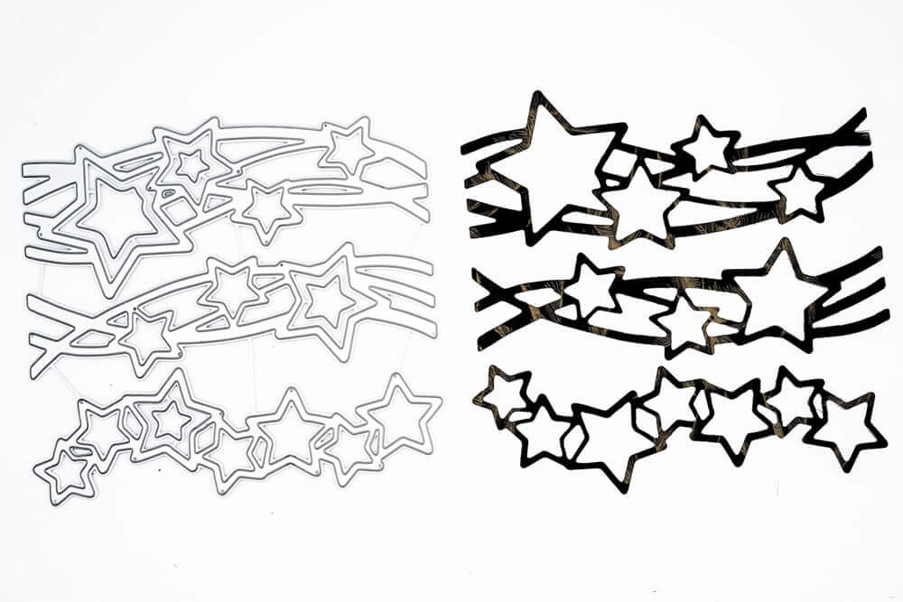 Die Stanzschablone "Sterne auf zwei Wellen" von Stanzenshop.de zeigt Metall- und Papierschablonen mit Sternen und geschwungenen Linien - perfekt für Weihnachtsbasteln - nebeneinander auf weißem Hintergrund.