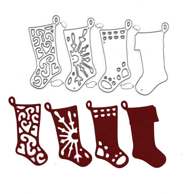 Die Stanzschablone: Vier Socken von Stanzenshop.de enthält vier Metallstrumpfstümpfe mit einzigartigen Designs und passenden roten Papierausschnitten, ideal für Basteln Weihnachten oder festliche Scrapbooking-Projekte.