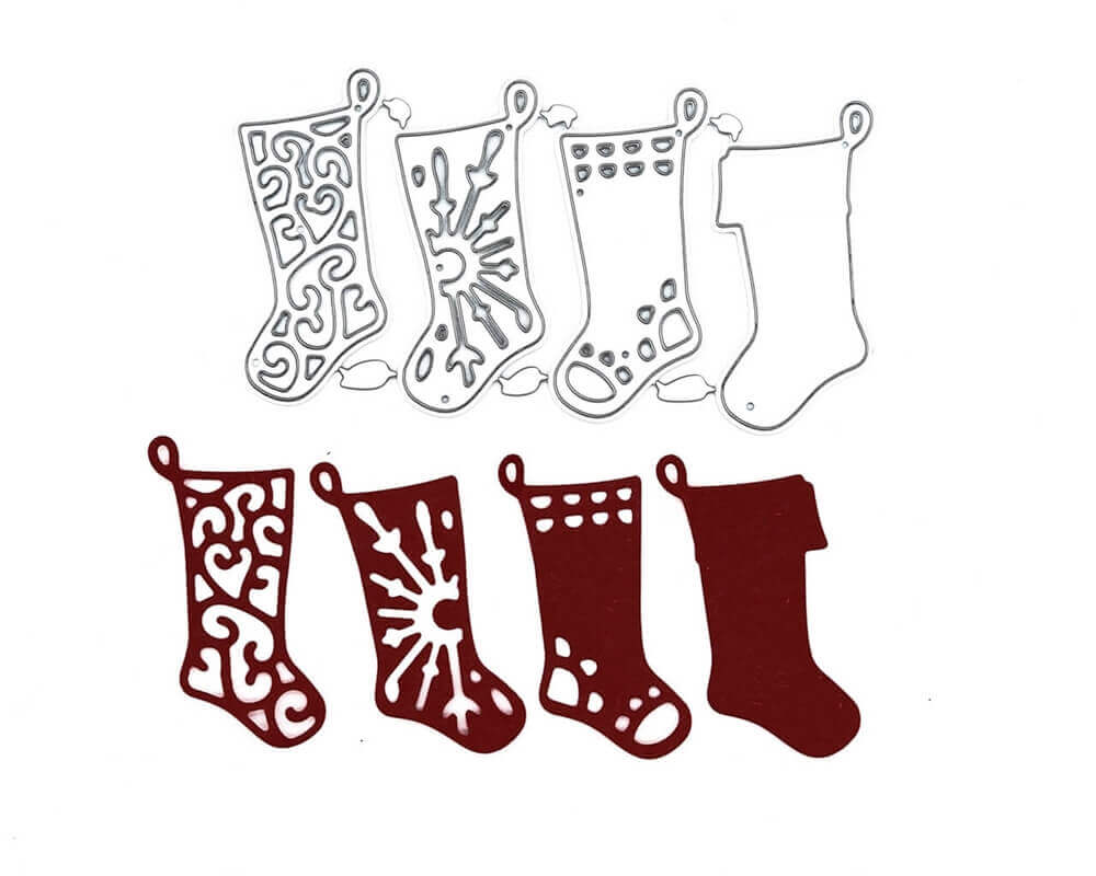Die Stanzschablone: Vier Socken von Stanzenshop.de enthält vier Metallstrumpfstümpfe mit einzigartigen Designs und passenden roten Papierausschnitten, ideal für Basteln Weihnachten oder festliche Scrapbooking-Projekte.
