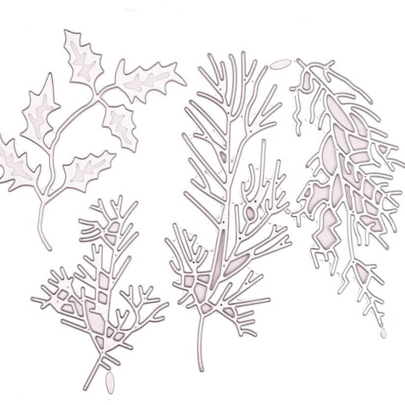 Die Stanzschablone Vier Verschiedene Zweige von Stanzenshop.de enthält Umrisszeichnungen von vier botanischen Zweigen, darunter Stechpalme und Kiefer, die sich perfekt zum Basteln, Scrapbooking oder zur Gestaltung von natürlichen Stanzschablonen eignen.
