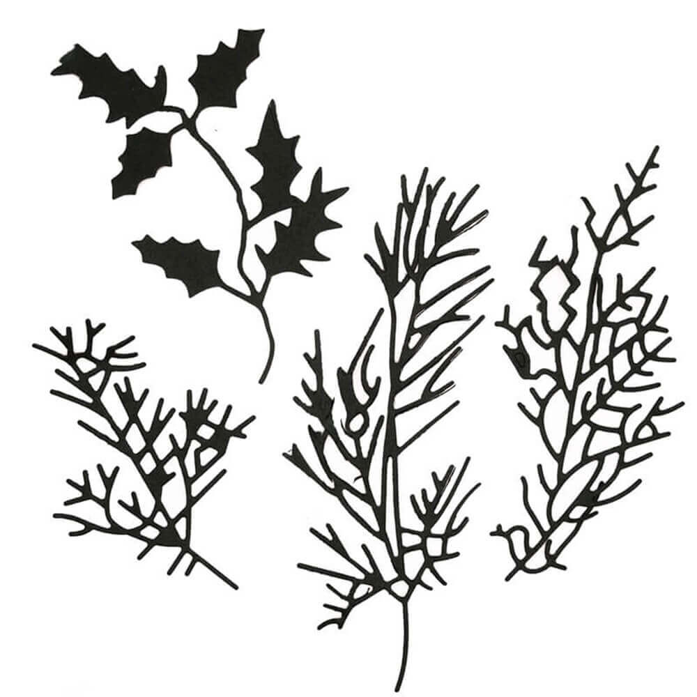 Schwarze Silhouetten von botanischen Zweigen auf Weiß, ideal für Scrapbooking oder Basteln. Perfekt passend zur Stanzschablone Vier Verschiedene Zweige von Stanzenshop.de und Ihren Lieblings-Stanzprojekten.