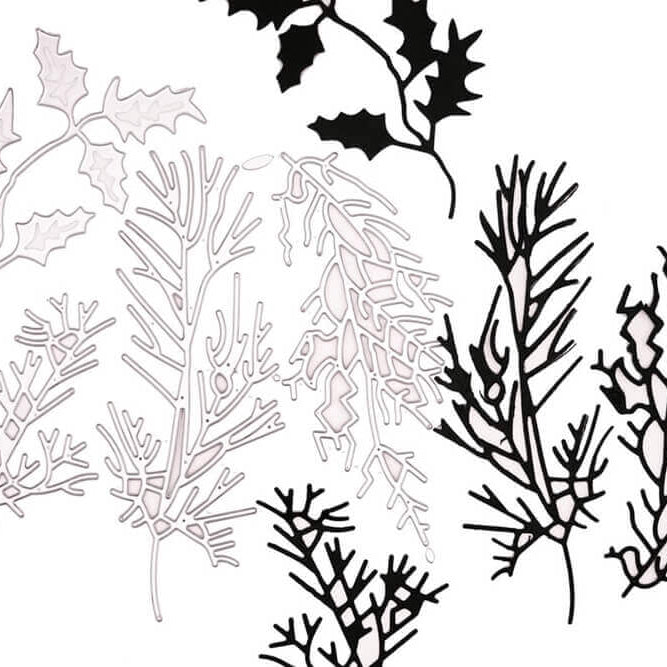 Schwarze und weiße botanische Silhouetten von Stechpalmen und Kiefernblättern sind auf einem weißen Hintergrund angeordnet - ideal zum Basteln oder Scrapbooking mit Ihrer Lieblings-Stanzschablone Vier Verschiedene Zweige von Stanzenshop.de.