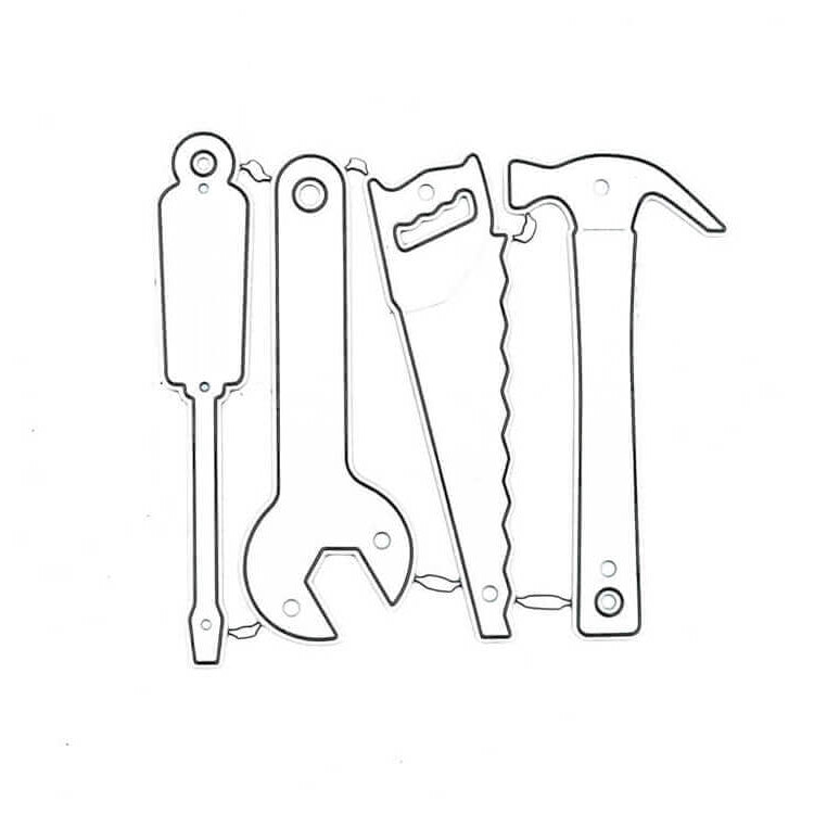 Die Stanzschablone Vier Werkzeuge von Stanzenshop.de zeigt eine Strichzeichnung von Schraubendreher, Schraubenschlüssel, Säge und Hammer in vertikaler Anordnung - ideal für Scrapbooking oder Bastelprojekte.