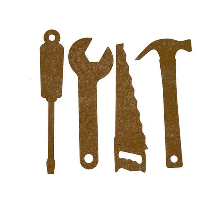 Die Stanzschablone Vier Werkzeuge von Stanzenshop.de zeigt vier braune Handwerkzeug-Silhouetten - Schraubenzieher, Schraubenschlüssel, Säge und Hammer - hochkant auf weißem Hintergrund, ideal für Scrapbooking oder Basteln mit Stanzschablonen.