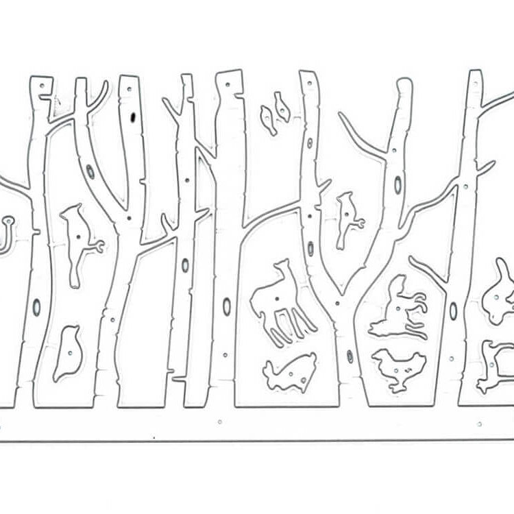 Stanzschablone Wald mit Tieren von Stanzenshop.de: Feine Baumstämme und Umrisse von Hirsch, Fuchs, Eichhörnchen, Vogel, Eule und Hase - ideal für einzigartige Scrapbooking- oder Bastelergebnisse.
