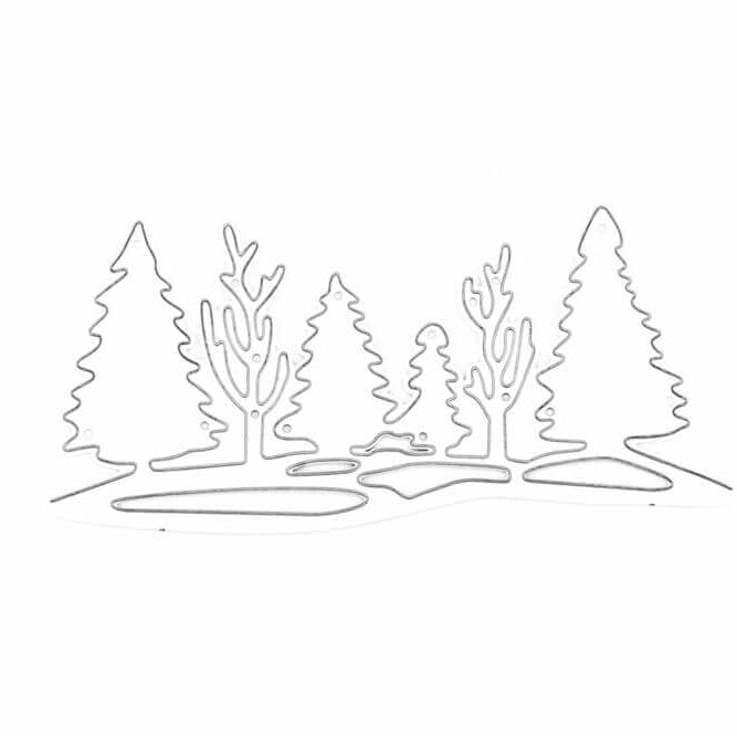 Umrisszeichnung von Kiefern und blattlosen Bäumen mit Bodenflecken, die an eine einfache Waldszene erinnern - eine ideale Inspiration für die Stanzschablone: Waldlandschaft im Winter von Stanzenshop.de.