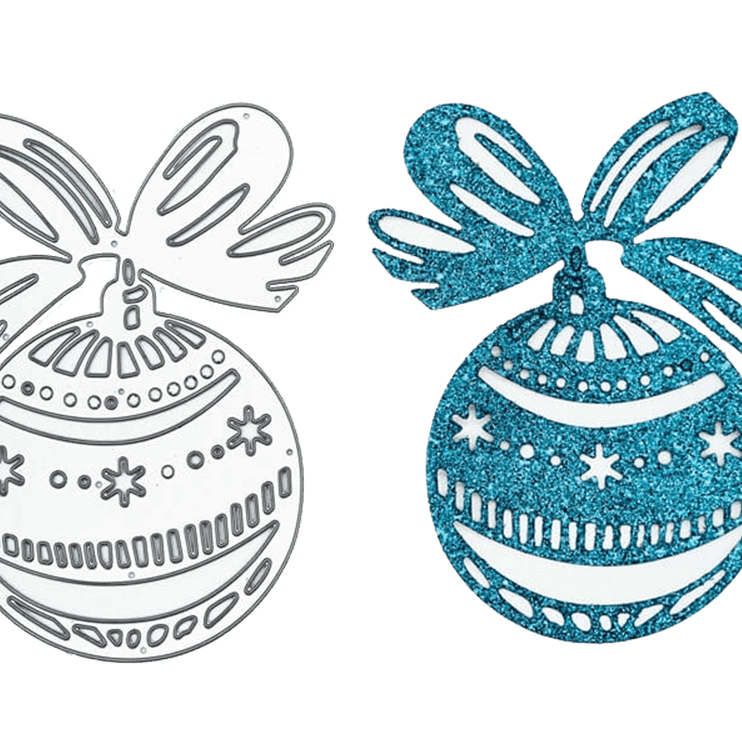 Die "Stanzschablone Weihnachtskugel mit Schleife" von Stanzenshop.de bietet zwei Ornamentdesigns - einmal als schlichter Umriss, einmal als blauer Glitzerausschnitt - ideal für Basteln Winter oder Stanzen Weihnachten.