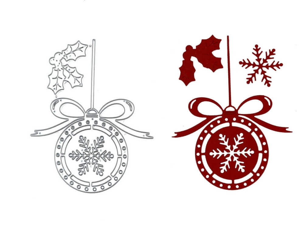Gestalten Sie festliche Karten mit der "Stanzschablone: Weihnachtskugel mit Schneeflocke und Band" von Stanzenshop.de-umfasst ein silbern umrandetes Stechpalmen- und Schneeflockendesign sowie ein einfarbig rotes Ornament, perfekt zum Basteln zu Weihnachten.