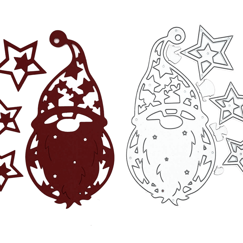 Die Stanzschablone "Weihnachtsmann mit drei Sternen" von Stanzenshop.de ist eine Metallstanze, die mit ihrem roten Ausschnitt und den Sternformen ideal zum Basteln im Winter oder als Weihnachtsmann Stanzschablone für Stanzen Weihnachten geeignet ist.