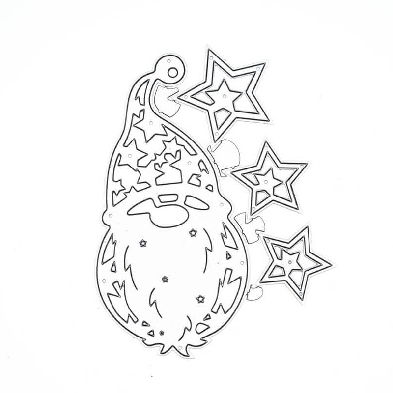 Die Stanzschablone "Weihnachtsmann mit drei Sternen" von Stanzenshop.de zeigt einen Wichtel mit langem Bart und spitzer Mütze, dazu drei Sterne - ideal zum Basteln im Winter oder für Ihre Stanzen-Weihnachtssammlung.