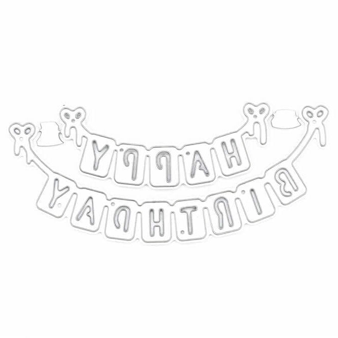 Die Stanzschablone Wimpelkette Happy Birthday von Stanzenshop.de zeigt "HAPPY BIRTHDAY" auf dem Kopf stehend, jedes Wort zwischen zwei Schleifen aufgereiht.