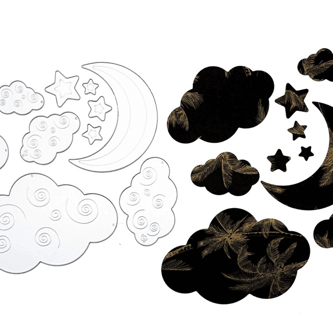 Das Stanzenshop.de Stanzschablone Wolken und Mond Set zeigt Wolken-, Stern- und Mondsichelmotive in weißer Kontur (links) und schwarz-goldener Variante (rechts), die sich perfekt für Scrapbooking eignen, abgebildet auf einem unifarbenen Hintergrund.