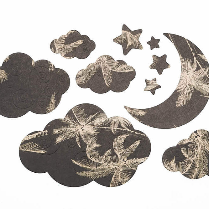 Das Stanzenshop.de Stanzschablone Wolken und Mond Set enthält Wolken, Sterne und Mondsicheln mit Federmuster - ideal für Scrapbooking oder Basteln Weihnachten.
