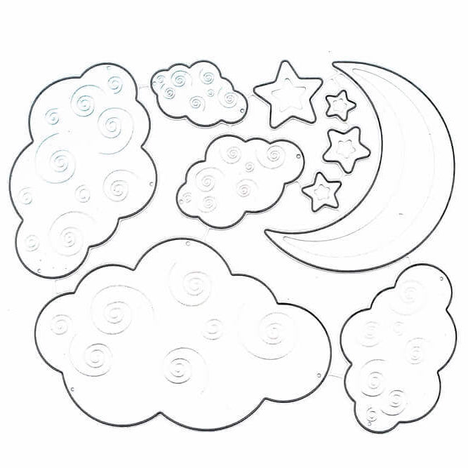 Das Stanzschablone Wolken und Mond Set von Stanzenshop.de zeigt Umrisszeichnungen von Wolken, Sternen und einer Mondsichel mit Wirbelmuster - ideal für Scrapbooking oder kreative Basteln Weihnachten Projekte.
