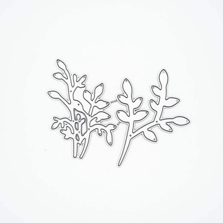 Zwei dünne metallische Formen aus der Stanzschablone von Stanzenshop.de: Zwei Eukalyptus Sträuche sind auf weißem Hintergrund abgebildet - ideal für Scrapbooking und Bastelprojekte.