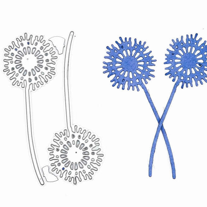 Links eine schwarz-weiße Strichzeichnung von zwei stacheligen Löwenzahn-Formen auf gebogenen Stängeln, rechts eine blaue Version - ideal zum Basteln oder Scrapbooking mit der "Stanzschablone: Zwei Löwenzahn Pflanzen" von Stanzenshop.de.