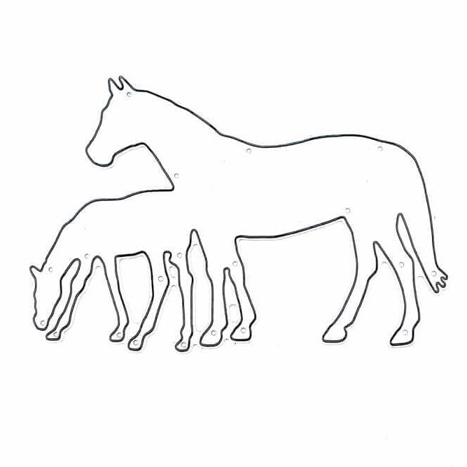 Stanzschablone Zwei Pferde auf einer Stanze von Stanzenshop.de: Konturenzeichnung eines stehenden Pferdes und Fohlens im Profil auf Weiß. Perfekt für Basteln Karten, kompatibel mit Ihrer Stanzmaschine.