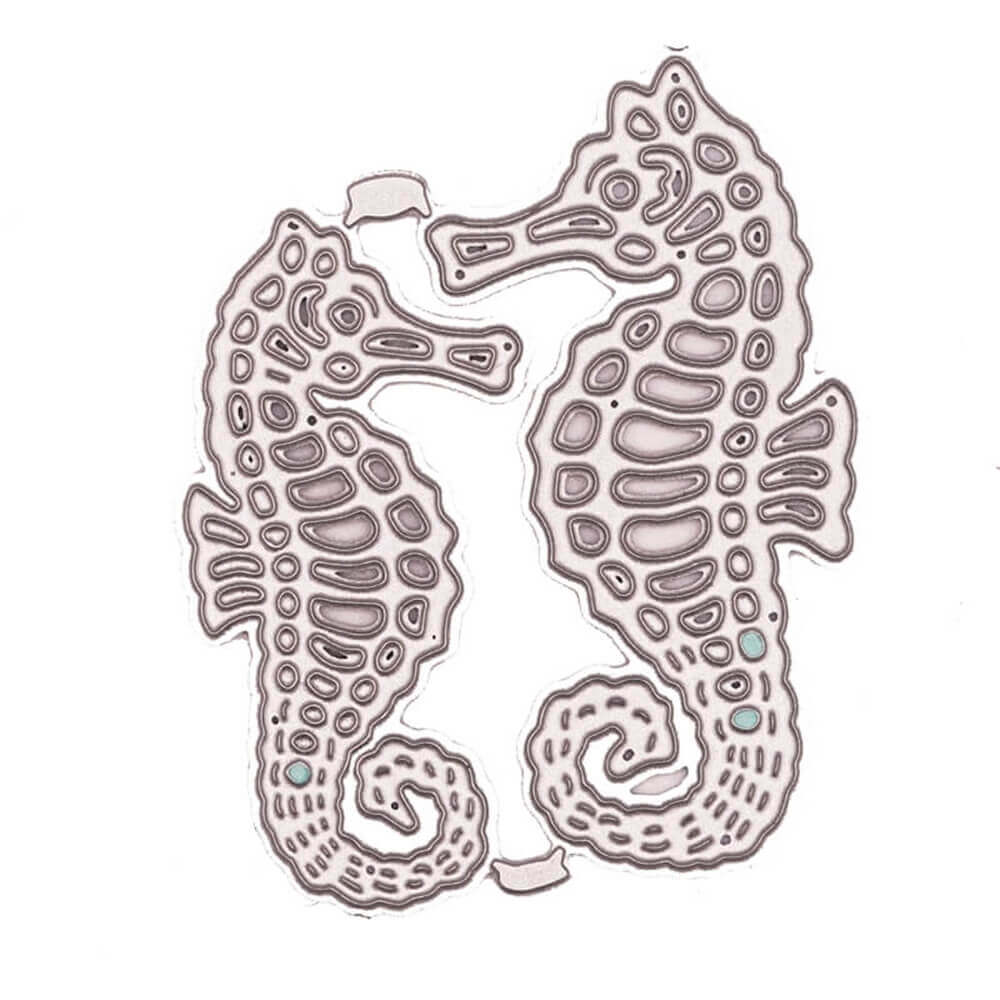 Die Stanzschablone Zwei Seepferdchen von Stanzenshop.de zeigt zwei symmetrische Seepferdchen mit feinen Linien auf weißem Hintergrund-ideal zum Basteln oder Scrapbooking.