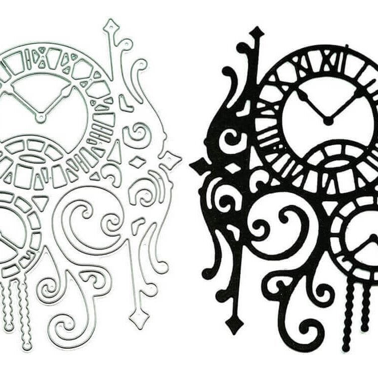 Die Stanzschablone Zwei Uhren mit Ranken von Stanzenshop.de bietet zwei verschnörkelte Zifferblattstanzen - eine weiße und eine schwarze - mit römischen Ziffern und Wirbeln, ideal für einzigartige Scrapbooking- oder Bastelergebnis-Projekte.