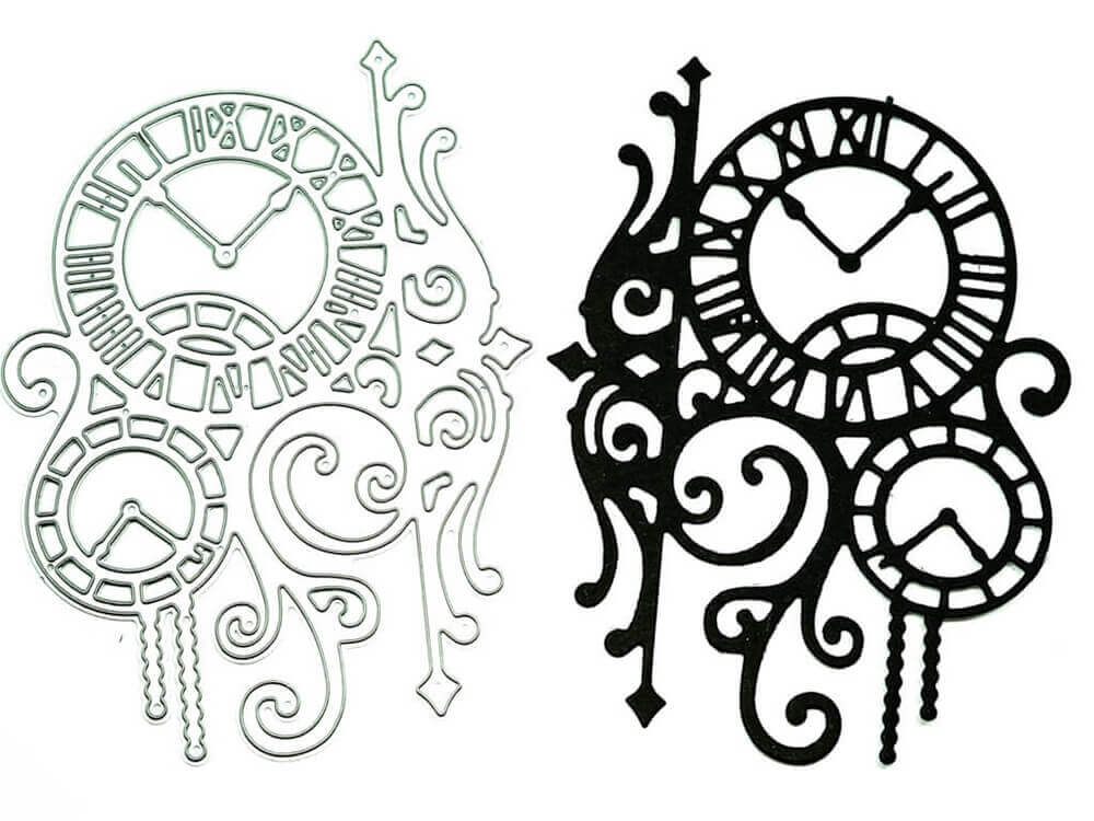 Die Stanzschablone Zwei Uhren mit Ranken von Stanzenshop.de bietet zwei verschnörkelte Zifferblattstanzen - eine weiße und eine schwarze - mit römischen Ziffern und Wirbeln, ideal für einzigartige Scrapbooking- oder Bastelergebnis-Projekte.