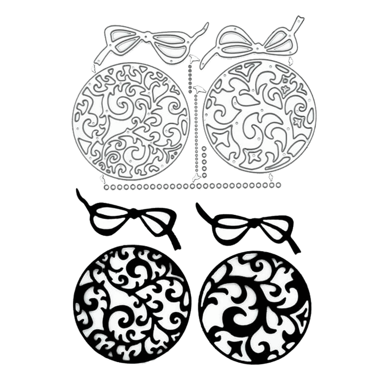 Die Stanzschablone von Stanzenshop.de: Zwei Weihnachtskugeln zeigt zwei Paare von dekorativen Weihnachtskugeln mit Wirbeln und Schleifen in Kontur und Schwarz - ideal als Basteln Weihnachten Deko für kreative Projekte.