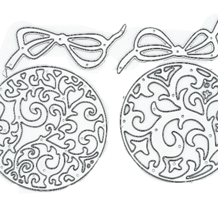 Die Stanzschablone "Zwei Weihnachtskugeln" von Stanzenshop.de bietet zwei runde, verzierte Ornamente mit separaten Schleifenstücken - ideal für kreative Bastelprojekte zu Weihnachten und perfekt zum Stanzen auf weißem Hintergrund.