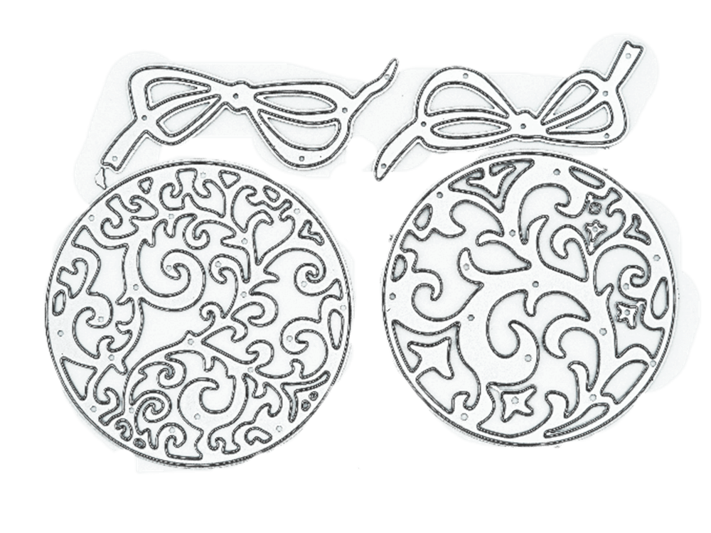 Die Stanzschablone "Zwei Weihnachtskugeln" von Stanzenshop.de bietet zwei runde, verzierte Ornamente mit separaten Schleifenstücken - ideal für kreative Bastelprojekte zu Weihnachten und perfekt zum Stanzen auf weißem Hintergrund.