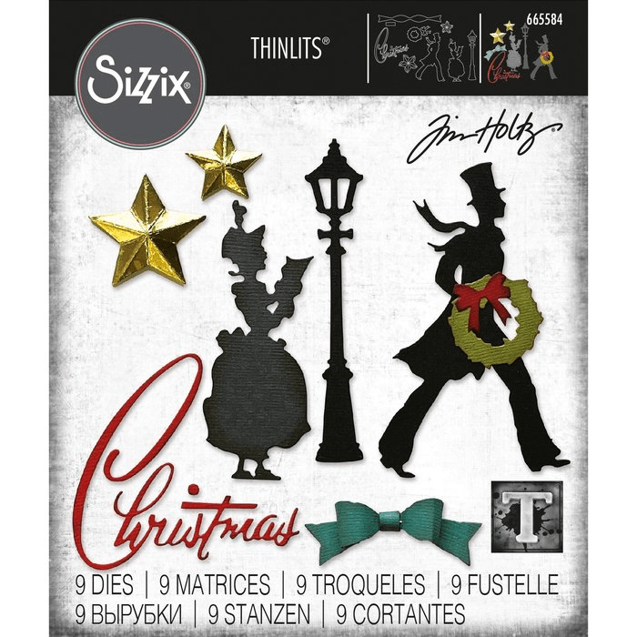 Sizzix 665584 Thinlits 9PK Vault Serie: Weihnachten 2021 von Tim Holtz - Set mit weihnachtlichen Silhouetten wie Laterne, Sternen, Kranz, Schleife und Figuren. Inkl. "Weihnachten" Text. Maße siehe Produktdetails. Marke: Sizzix.