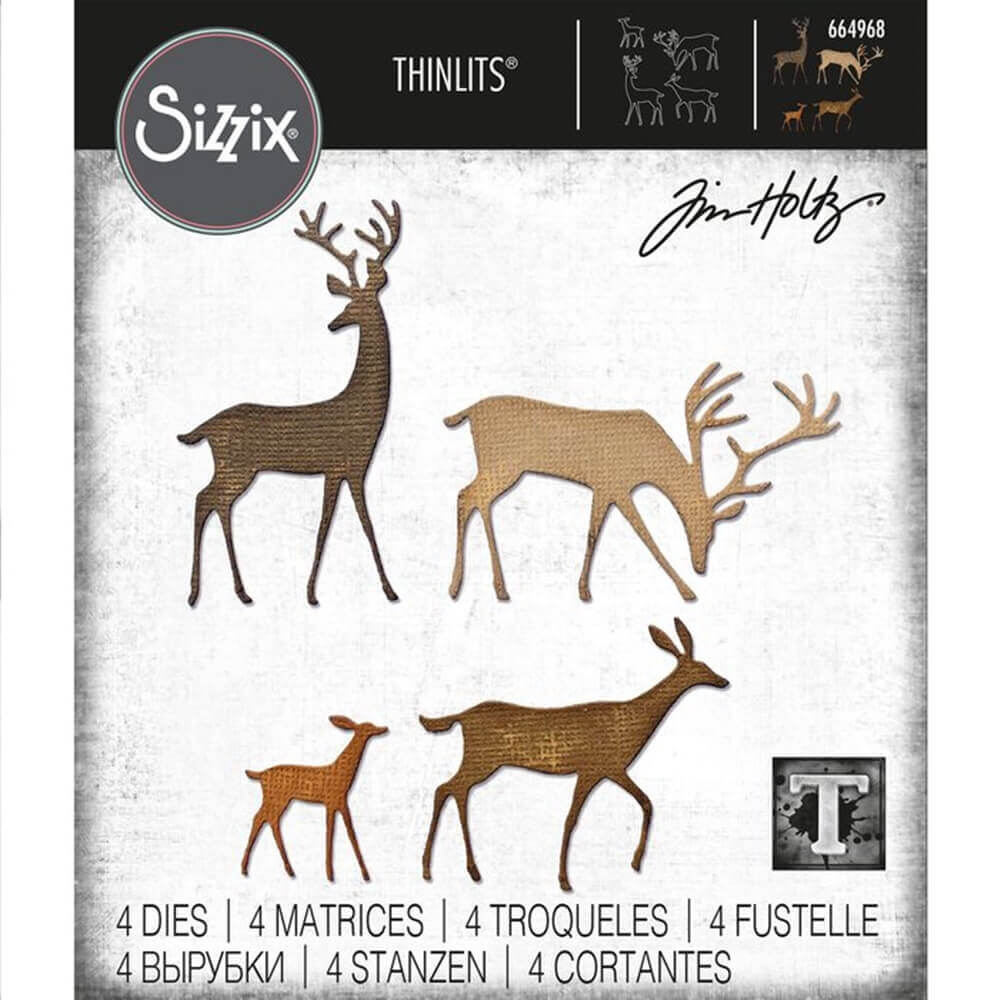 Sizzix 664968 Thinlits 4PK Darling Deer von Tim Holtz: Vier Metallschablonen in Hirsch- und Elchform, ideal für Papierbasteln und Kartenherstellung.