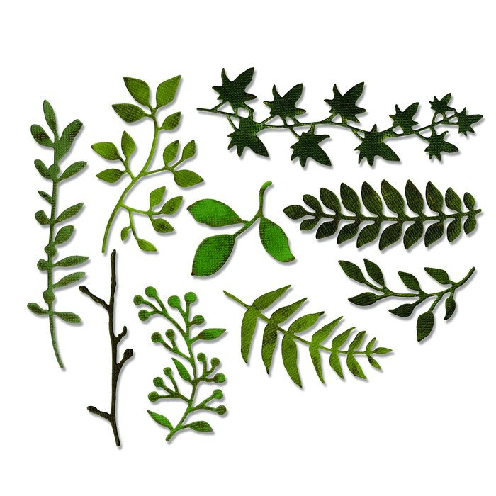 Eine Sammlung von Sizzix • Thinlits Stanzschablone Gartengrün | BigShot kompatibel | Für alle gängigen Stanzmaschinen geeignet. Blätter und Zweige auf weißem Hintergrund.