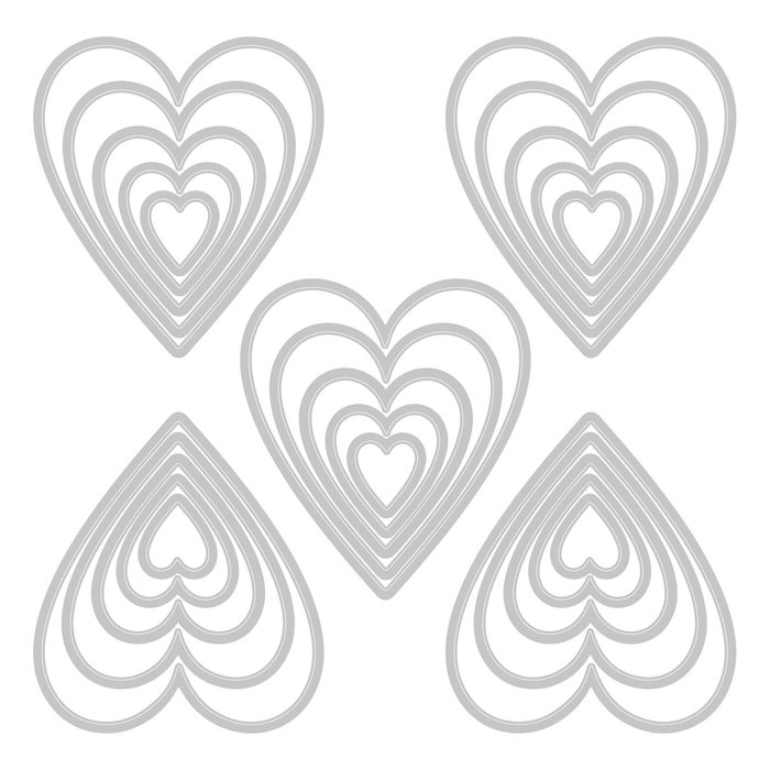 Vier Sizzix-Herzformen auf weißem Hintergrund.