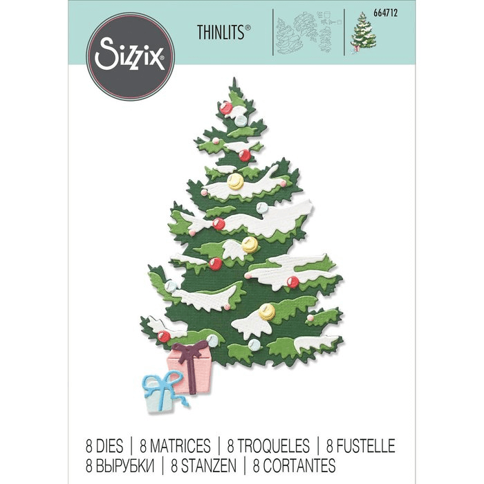 Sizzix Thinlits Stanzschablonen-Set, 8 Stück, geschichteter Weihnachtsbaum mit Angaben zu Produktabmessungen.