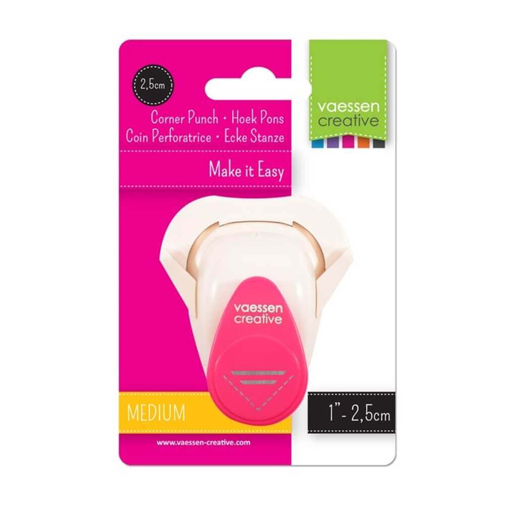 Der Vaessen Creative - Foto Eckenstanzer Recht von Vaessen Creative, in rosa und weißer Verpackung, stanzt 2,5 cm lange Ecken - ideal für Fotos und Bastelprojekte wie Scrapbooking. Mittlere Größe.