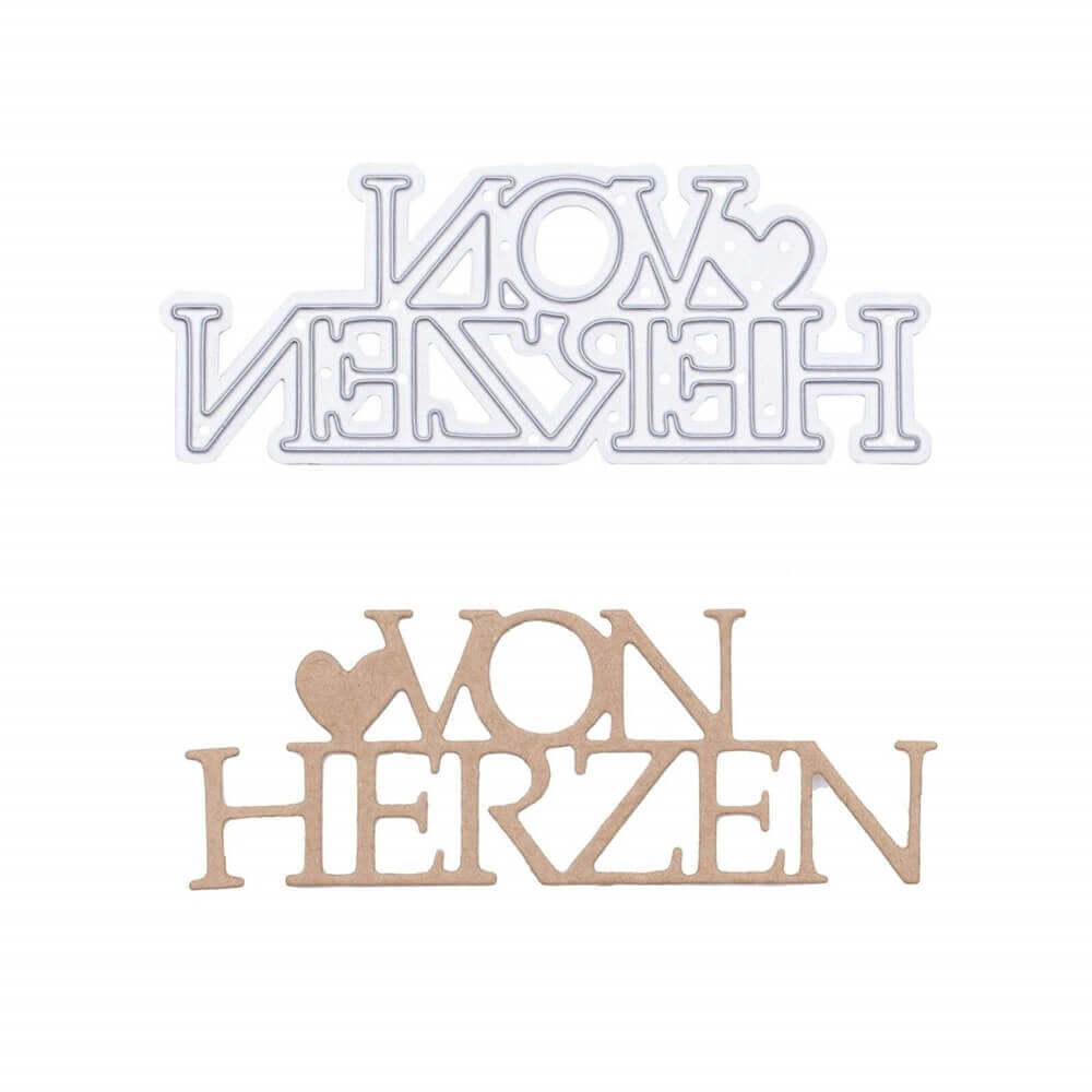 Zwei Ausschnitte zeigen "von Herzen" mit einem Herz, hergestellt mit der Vaessen Creative Stanzschablone Schriftzug "von Herzen" mit Herz-ideal für Basteln. Einer erscheint als weißer Umriss auf der Oberseite, der andere in kräftigem Braun auf der Unterseite.
