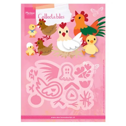 Ein rosafarbener Bogen von Marianne Design - Collectables Präge- und Stanzschablone Eline's Hühnerfamilie, mit illustrierten Hühnern, Küken und einem Hahn sowie ausgestanzten Formen. Ideal für Fans der tierischen Bastelformen von Marianne Design.