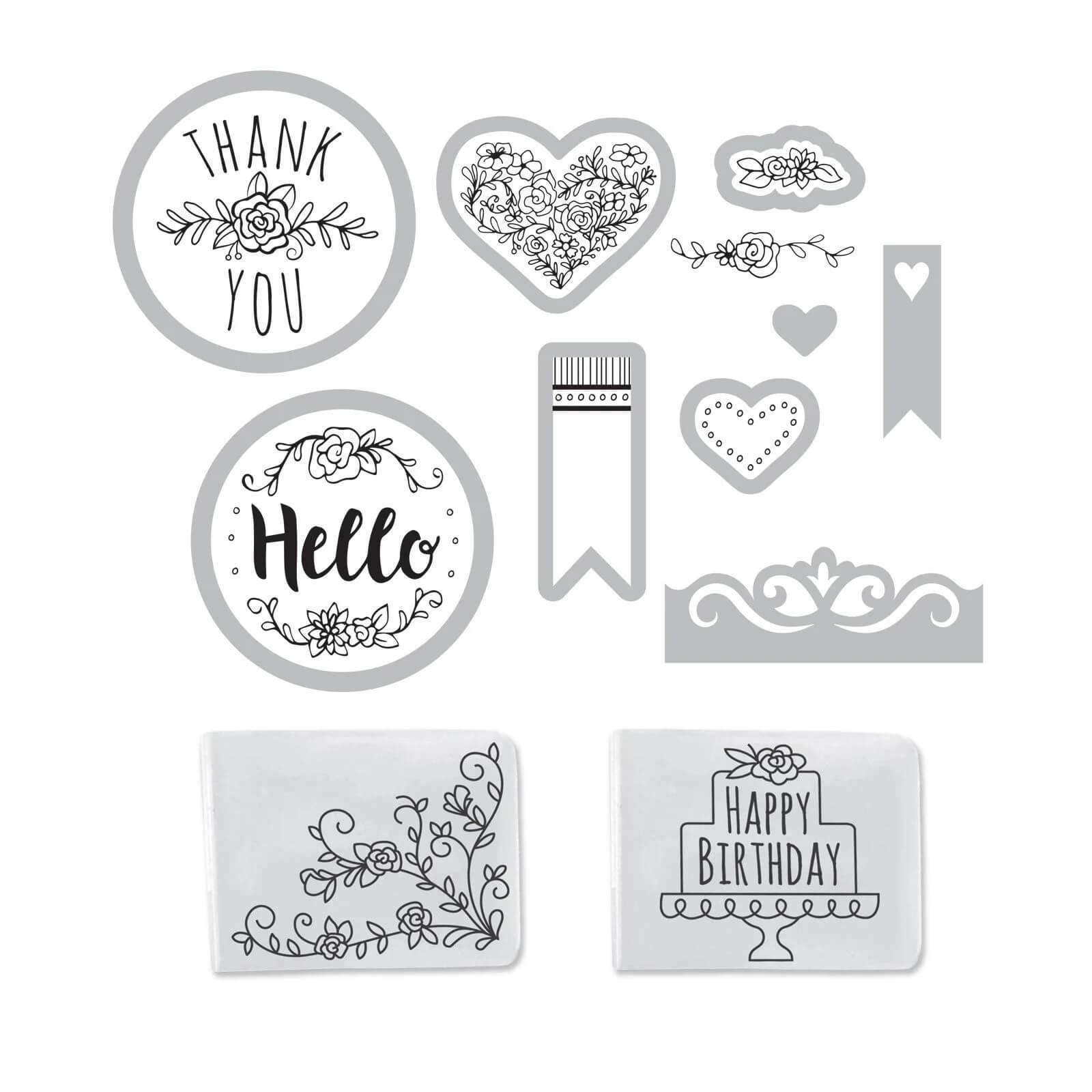 Das Sizzix 661770 Sidekick Starter-Kit (Weiß & Grau) von Sizzix enthält dekorative Stempel und Schablonen mit floralen Motiven, Herzen, "Danke"- und "Hallo"-Kreisen, einem Lesezeichen und einer "Happy Birthday"-Tortenillustration.