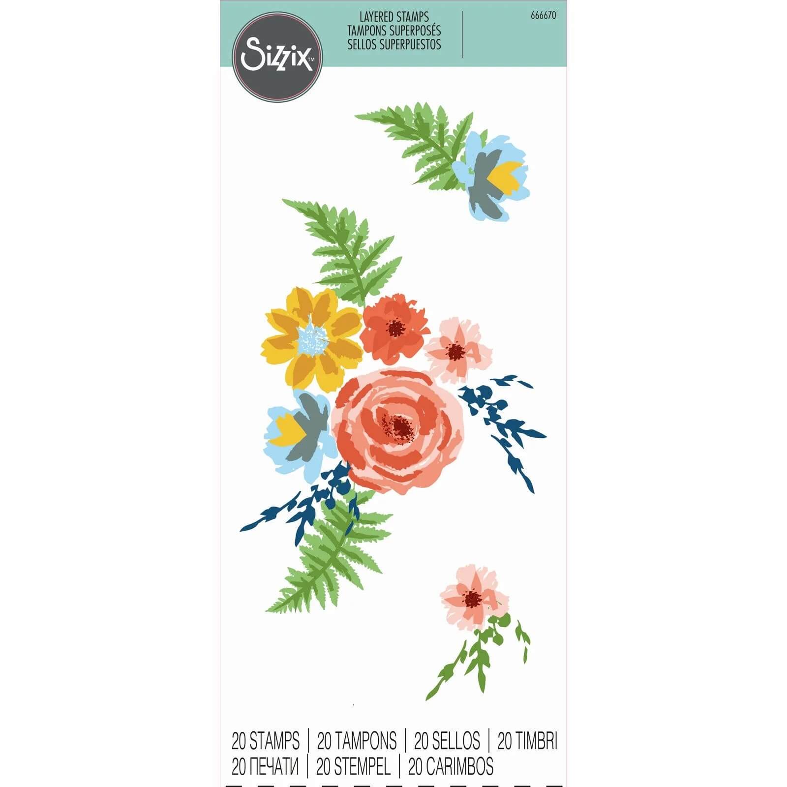 Das Sizzix 666670 Layered Clear Stempelset Painted Florals (20tlg.) von Sizzix zeigt leuchtende Rosen, Gänseblümchen, Farne und mehr auf weißem Hintergrund - ideales Bastelzubehör für Ihre kreativen Projekte.