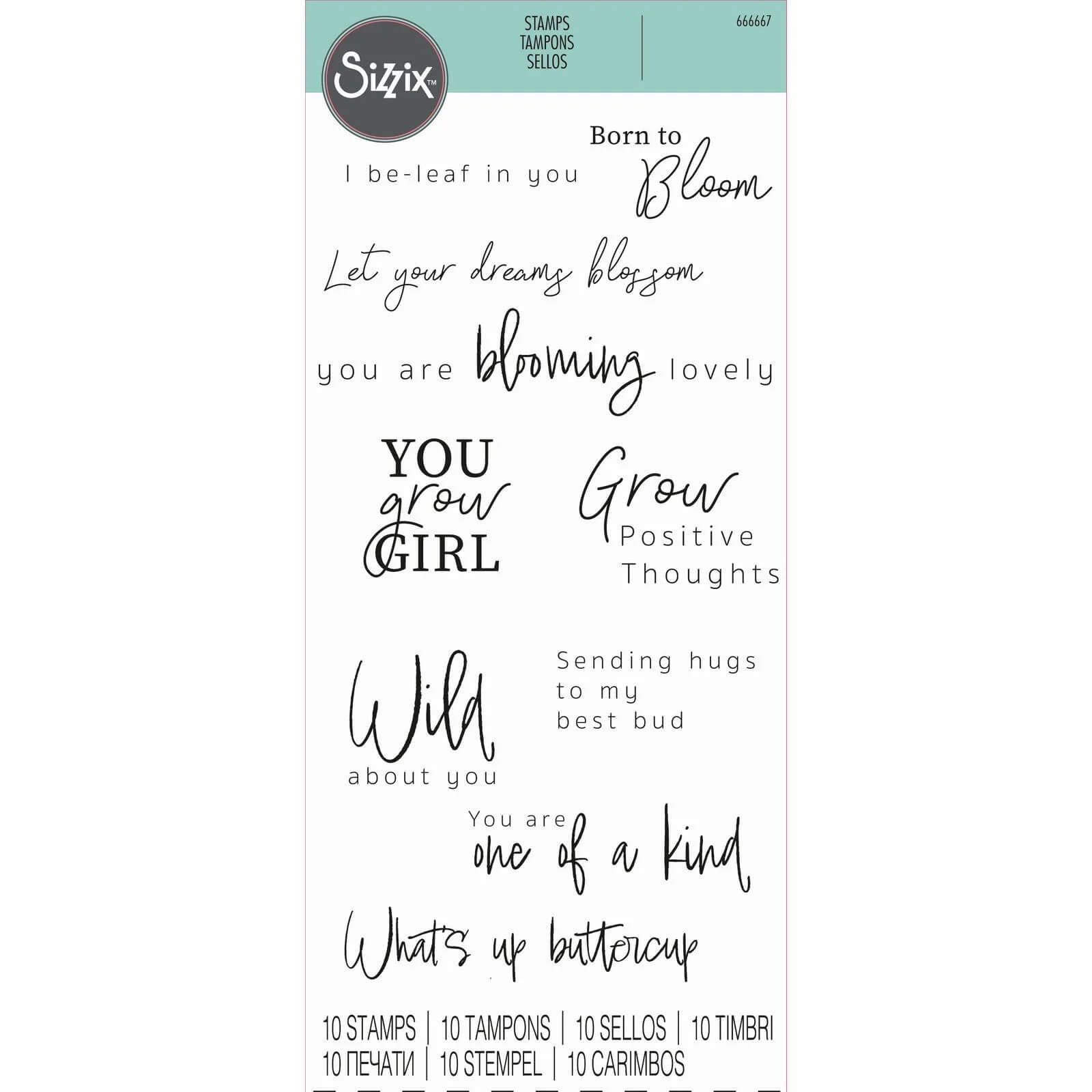 Das Sizzix 666667 Clear Stamp Set Born to Bloom von Sizzix enthält 10 dekorative Stempel mit inspirierenden Sprüchen wie "Born to Bloom", "YOU grow GIRL" und "What's up buttercup" - ideal für selbstgemachte Karten.
