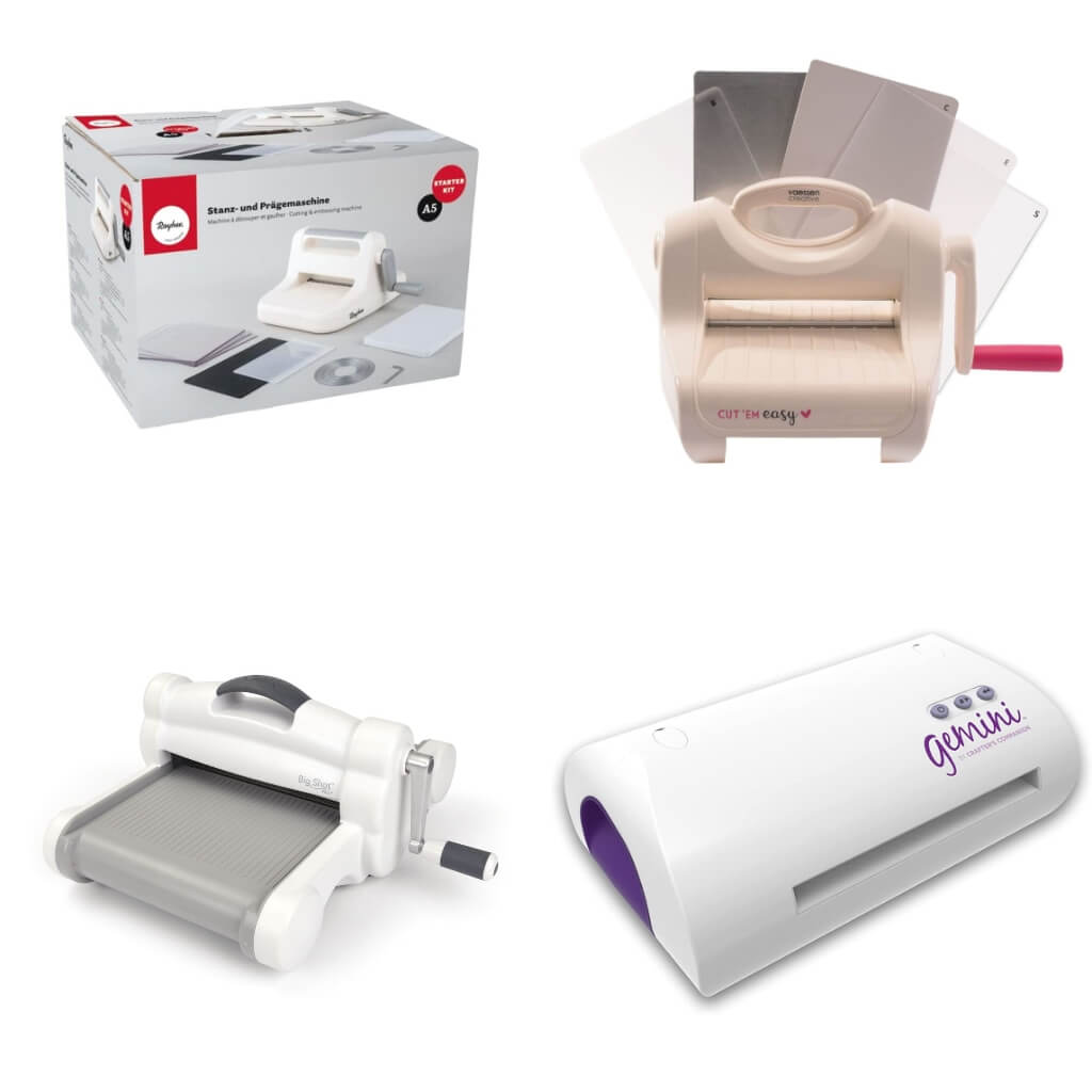 Vier verschiedene Stanzmaschinen sind ausgestellt: eine in einer Schachtel, eine mit Kunststoffplatten, eine mit einem Griff und eine mit der Aufschrift "Gemini" mit einem weiß-lila Design.