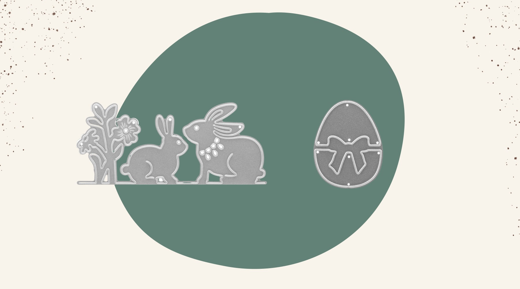 Osterhasen und Eier im Kreis auf grünem Hintergrund.