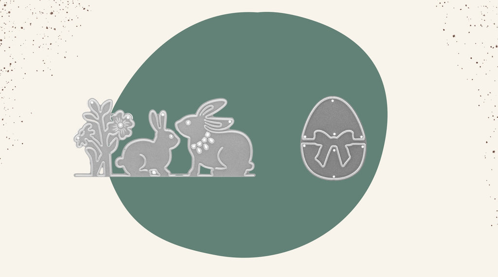 Osterhasen und Eier im Kreis auf grünem Hintergrund.