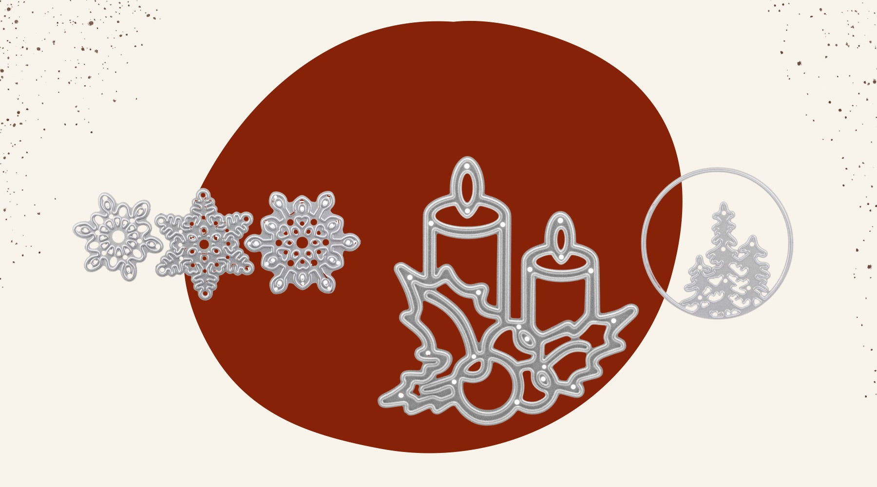 Eine Weihnachtskarte mit Schneeflocke, Kerzen und Stechpalme.