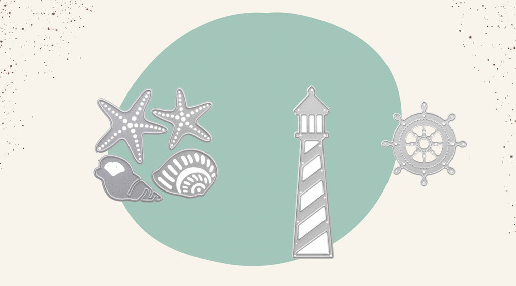 Eine Zeichnung eines Leuchtturms, Seesterns und Muscheln.